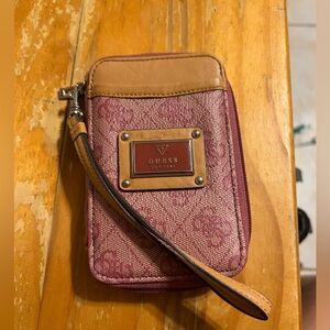 Guess Pink and Tan Logo Removable Leather Wristlet